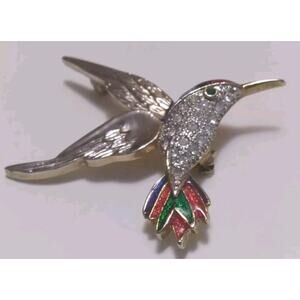 Vintage Brooch / Pin Hummingbird Red Green Blue Enamel Rhinestones Silvertone